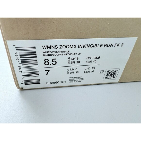 Size 8.5 Nike ZoomX Invincible Run FK 3 White Purple Womens Running DR2660-101 - Picture 8 of 8
